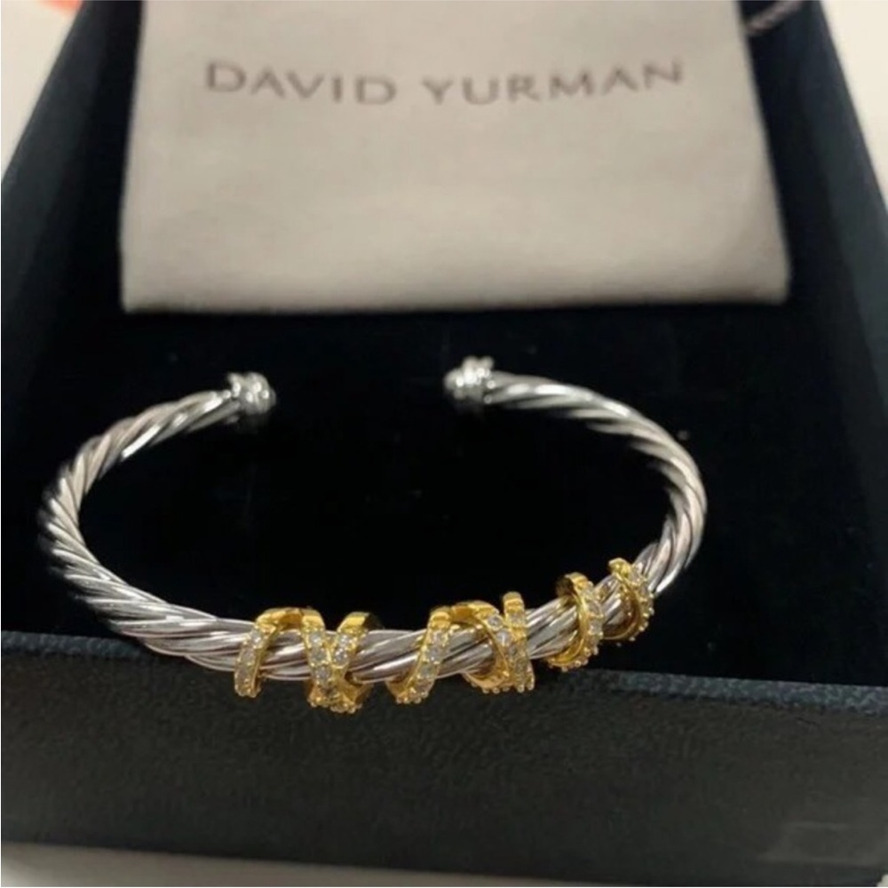 David Yurman Two-Tone Cable Cuff Bracelet - Silver with Gold Accents 4mm